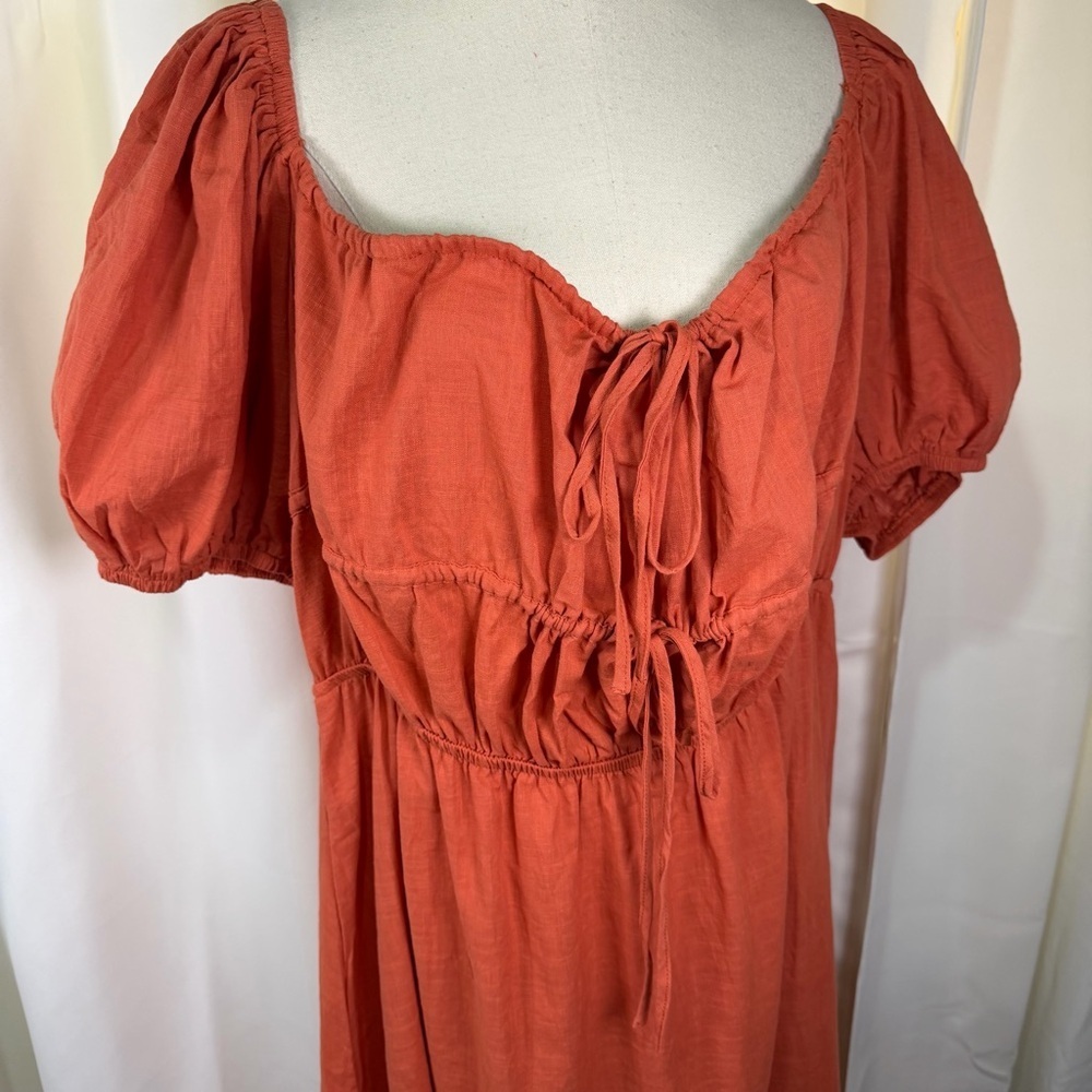 NWOT SHEIN Burnt Orange Tie-Bust Puff-Sleeve Cotton Gauze Milkmaid Dress Size 4X - Picture 3 of 16